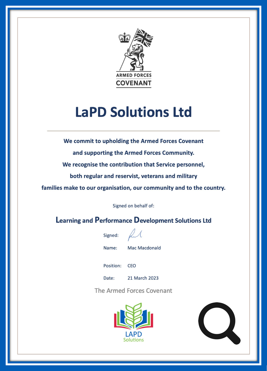 An image showing the commitment to the Armed Forces Covent by LaPD Solutions Ltd. 