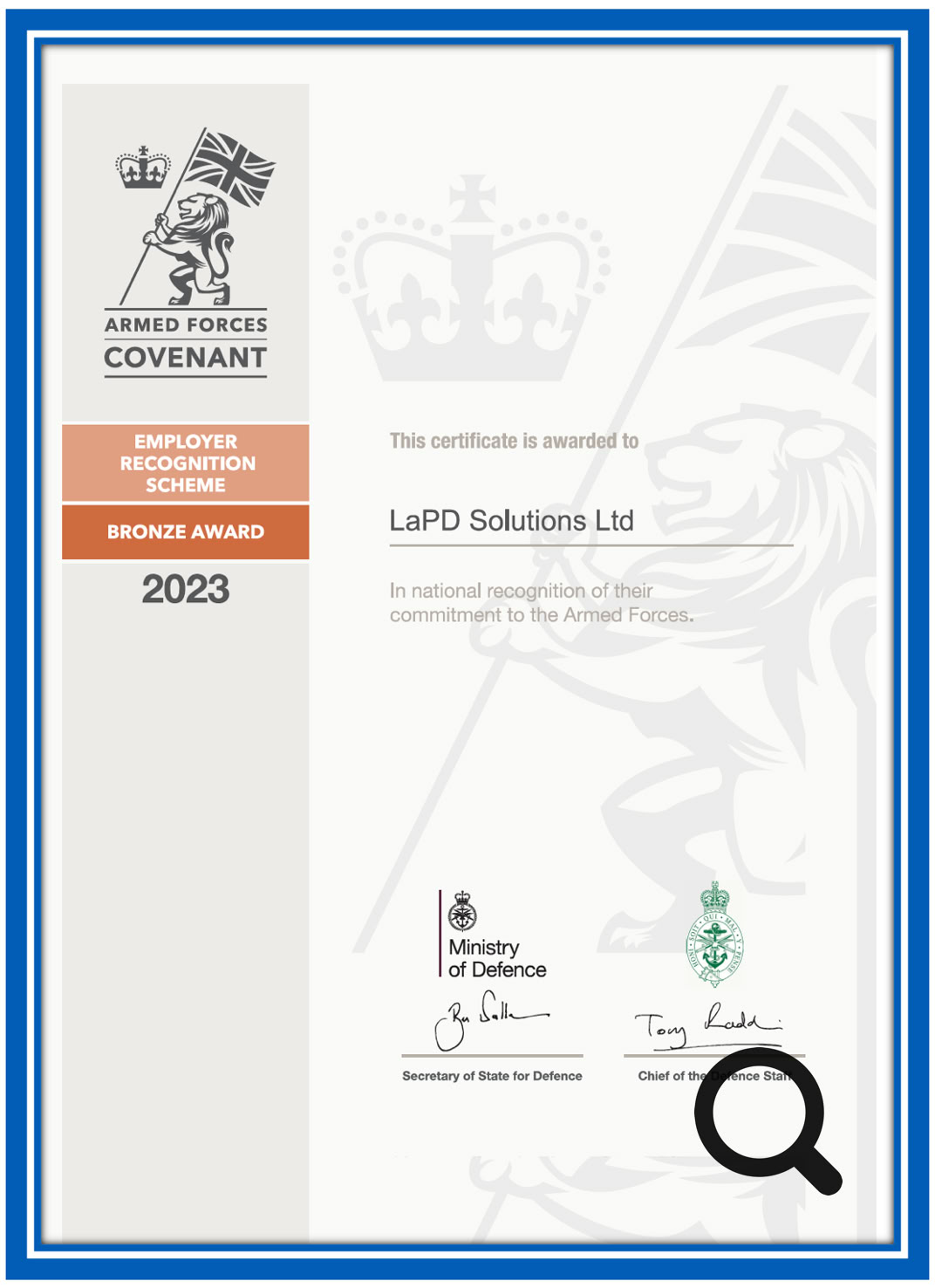 An image showing the certificate issued to LaPD Solutions Ltd by the Ministry of Defence (MoD).